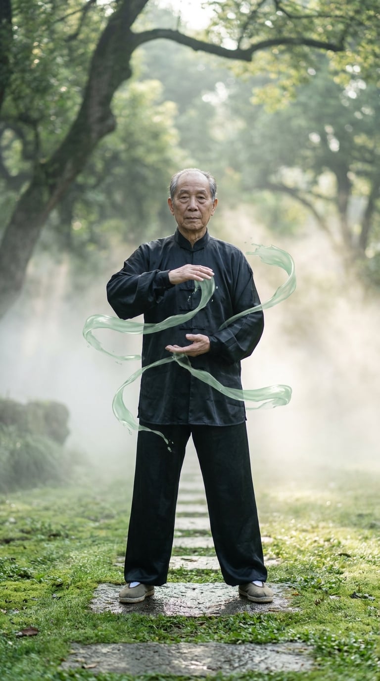 Sakin bir bahçede yavaş hareketler yapan bir Tai Chi ustası