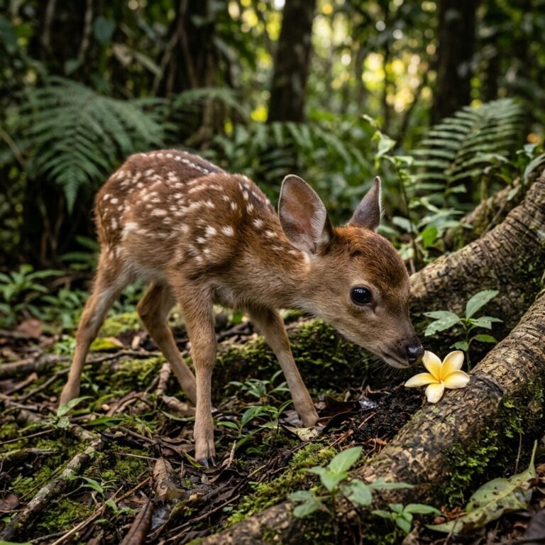 Newborn Visayan Spotted Deer Fawn in Soft Summer Spots