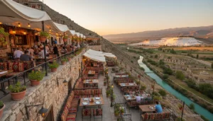 After dinner in the city center of Denizli, in which areas should I look for restaurants where I can both walk around and also eat local desserts? What should I pay attention to regarding parks and transportation?