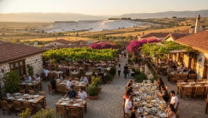 When you go from Denizli Bus Terminal to the city center for breakfast in the morning, which district is the most practical and has fewer crowds, and how do I get there?