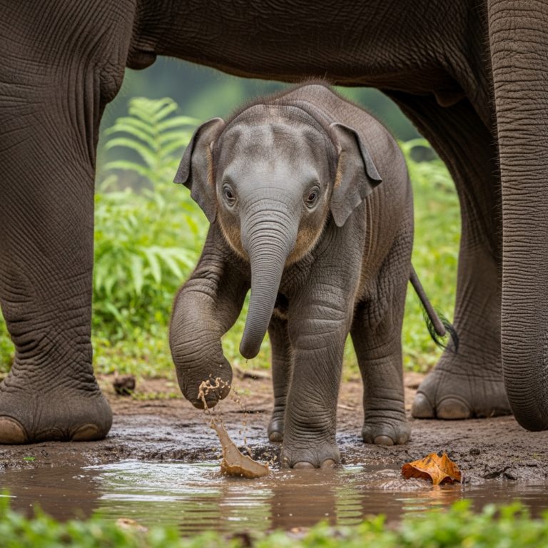 Newborn Sumatran Elephant Calf in the Rainforest