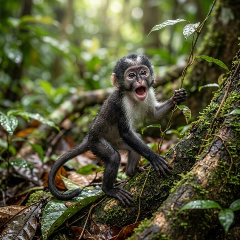 Baby Roloway Monkey: A Wobbly Start in the Trees