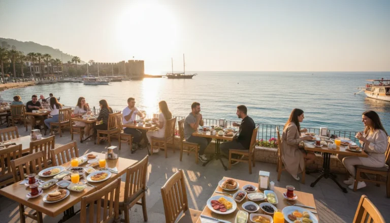 I want to find local products with a “village breakfast” feel in Antalya (such as herb cheese, honey-clotted cream, tandoor bread, etc.); in which neighborhoods are these types of menus more common, and what phrases should I look for on the menu?