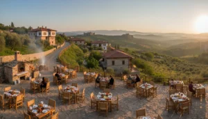 After getting off at the bus terminal in Bilecik, what breakfast places are within walking distance around the Historic Bazaar and the Clock Tower? Which bus/taxi route would make the most sense for getting to the center?