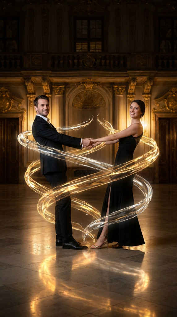 A pair of dancers holding hands and spinning