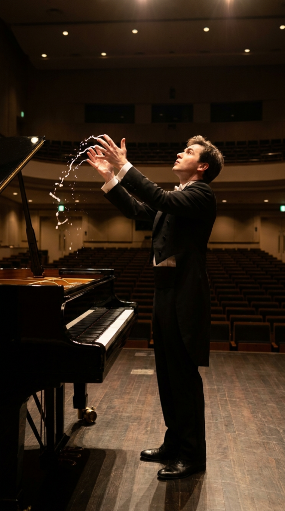 Klasyczny pianista rzucający ręce do góry od klawiszy