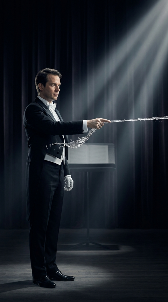An orchestral conductor pointing sharply