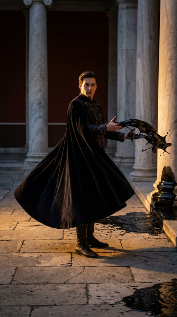 A figure in a flowing cape turning sharply