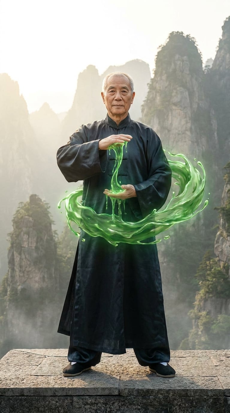 Tai Chi ustasının avuçlarını ileri doğru ittiği an