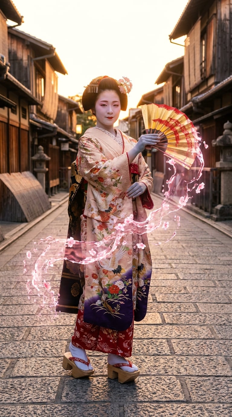 Kimono giymiş bir Japon Geiş'anın zarifçe bir yelpaze sallıyor