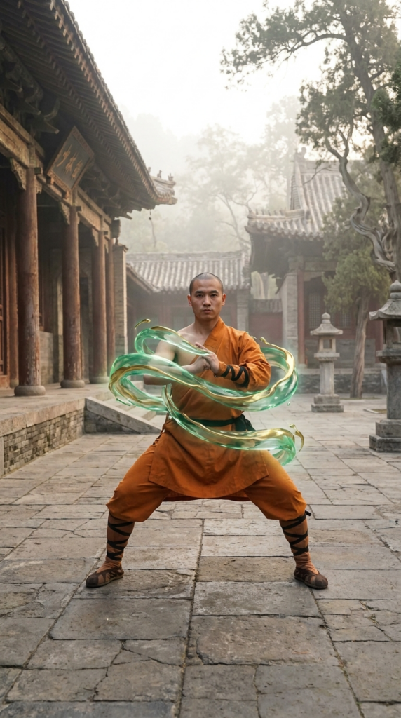 A Shaolin monk performing a martial arts form