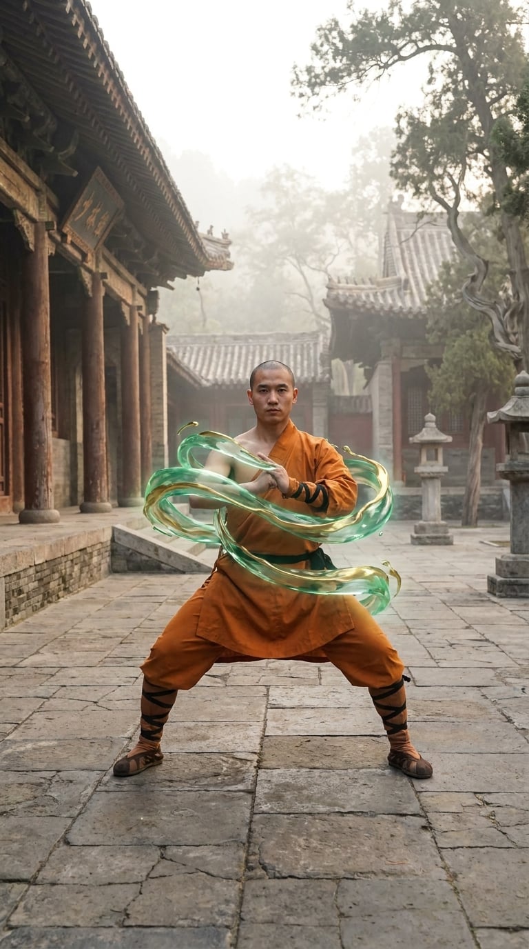 Shaolin keşişi bir dövüş sanatı formu gerçekleştiriyor
