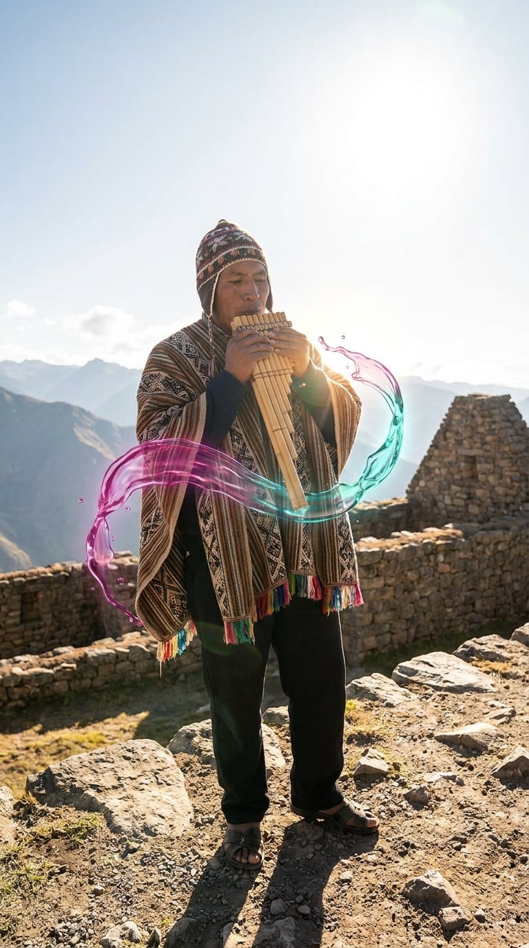 Andean panpipe çalan oyuncu sallanıyor