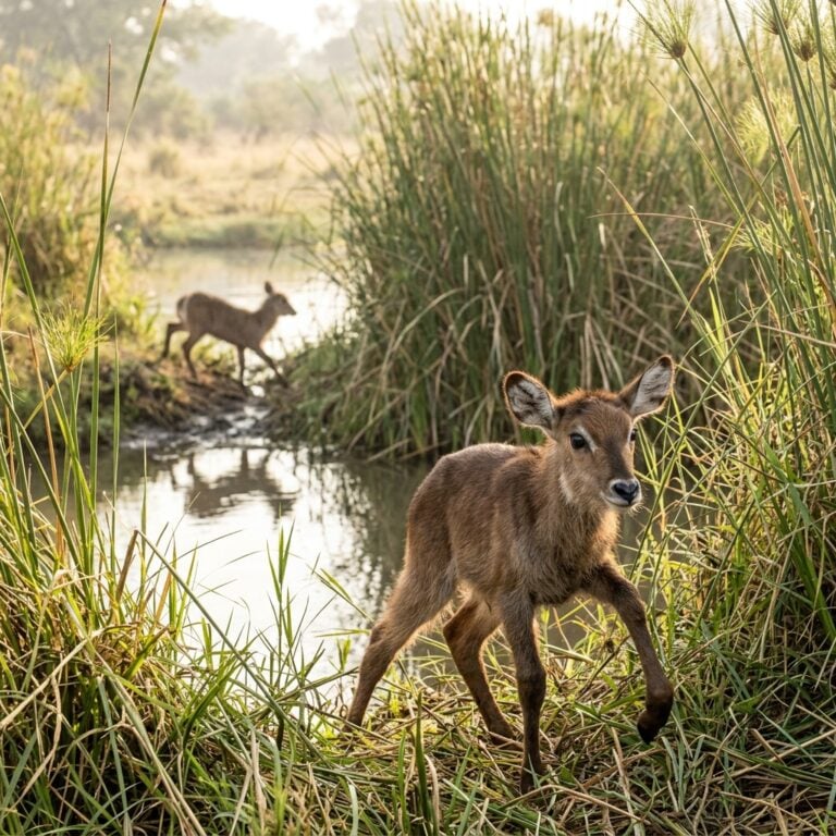Su Devekuşu Yavruları Değil: Yeni Doğan Su Yaban İnek (Waterbuck) Yavruları Sazlıklarda Ayakta Öğreniyor