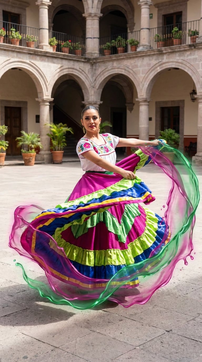 Geniş eteğini döndüren bir Meksika Folklorico dansçısı